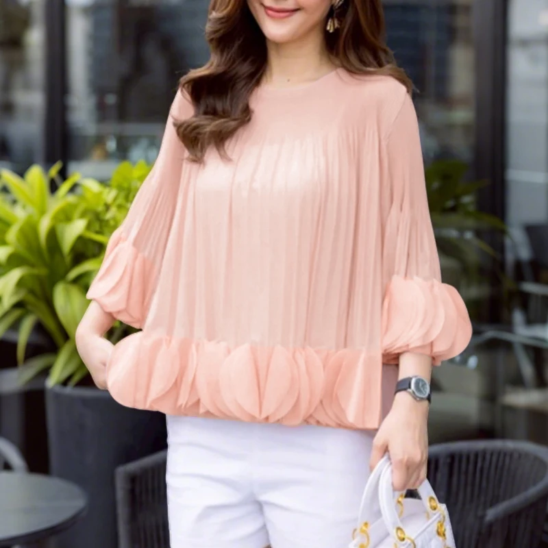 

2026 ZANZEA Women Fashion Blouse 3/4 Sleeve Solid Pleated Ruffled Shirts Summer Casual Elegant Office Lady Blusas Female Tops
