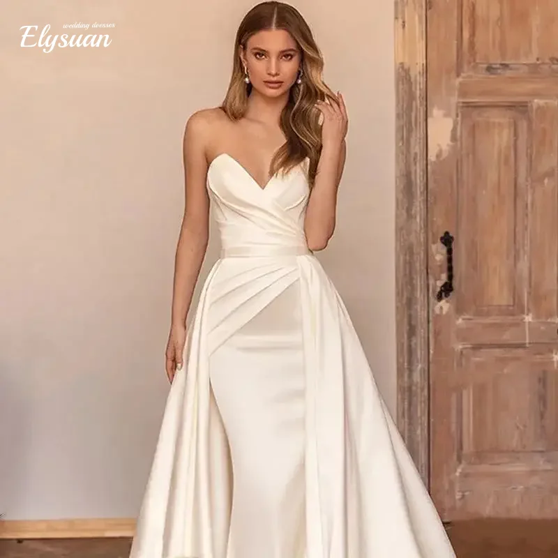 Gaun Pengantin Model Putri Duyung Sederhana Tanpa Lengan Bahan Satin, Dapat Dilepas Pasang, 2 in 1, Customized2, Vestido De Noiva