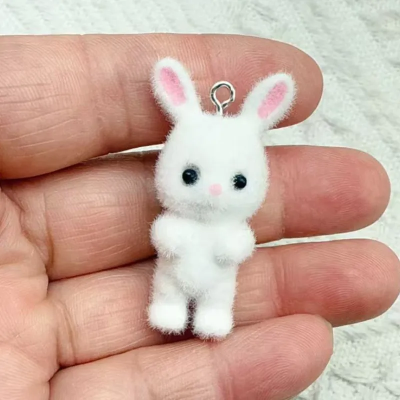 20pcs 3D Flocking Resin Cute Colorful Rabbit Cartoon Animal Charms For Keychain Necklace Earrings Making DIY Jewelry Accessories