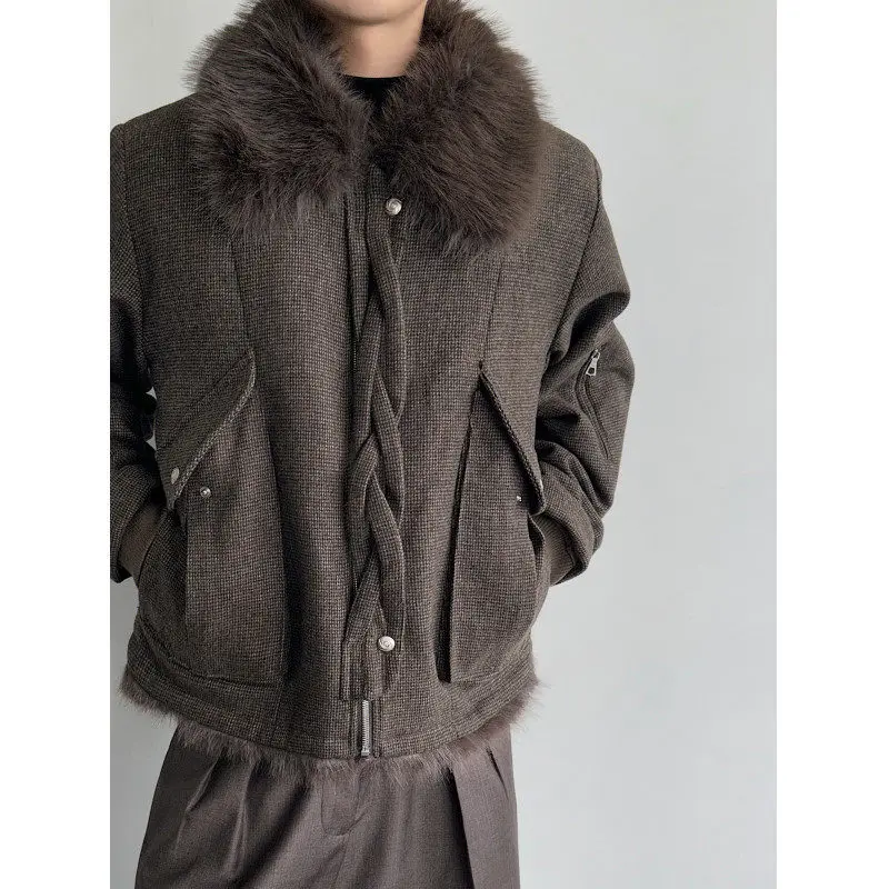 

Мужская хлопковая куртка ранней весны 2026 года с карманами, утолщенная, с воротником в виде цветочного узла, с узором в виде птиц, шерстяное пальто, молодежная мода