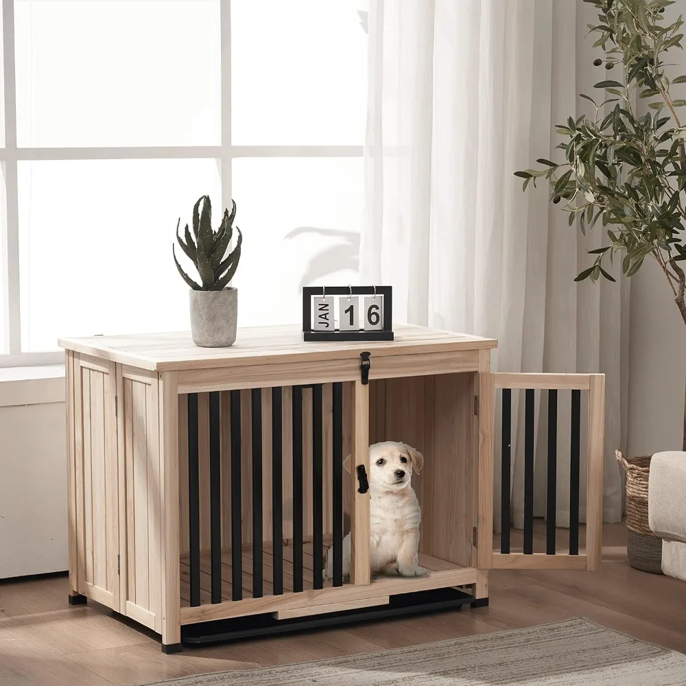 Wooden Dog Crate Furniture, Dog Kennel Pet House End Table, Solid Wood Portable Foldable Indoor Cage for Dogs(Medium, Natural)