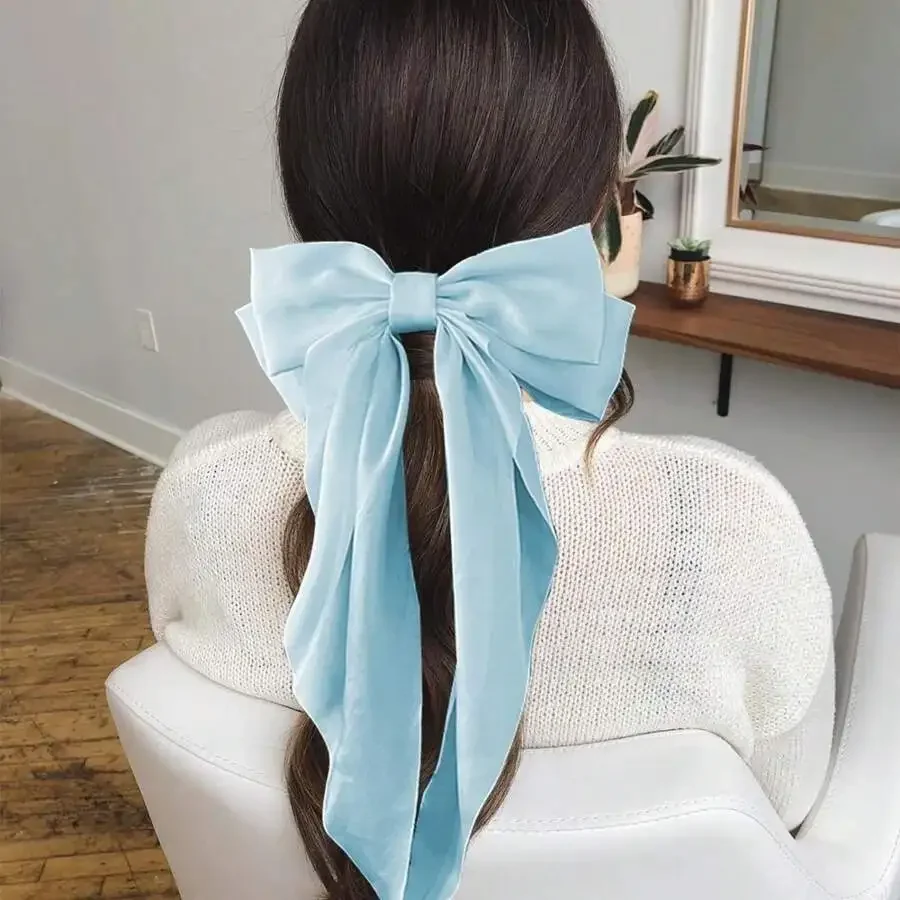 

Large Satin Bow Hair Clip For Women, Baby Blue Silky Ribbon Barrette With Long Tails, Wedding Party Hair Accessory