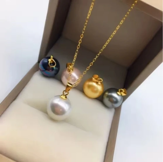 Enchanting 18k gold AU750 AAAA+++ 9-10MM SOUTH SEA GOLD black white pink purple gray Round pearl pendant 18in