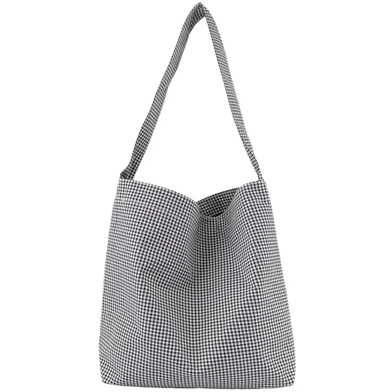 

New Reusable Women's Houndstooth Canvas Shopping Shoulder Bag Collapsible Tote Bag Groceries Travel Casual Student Portable Hand