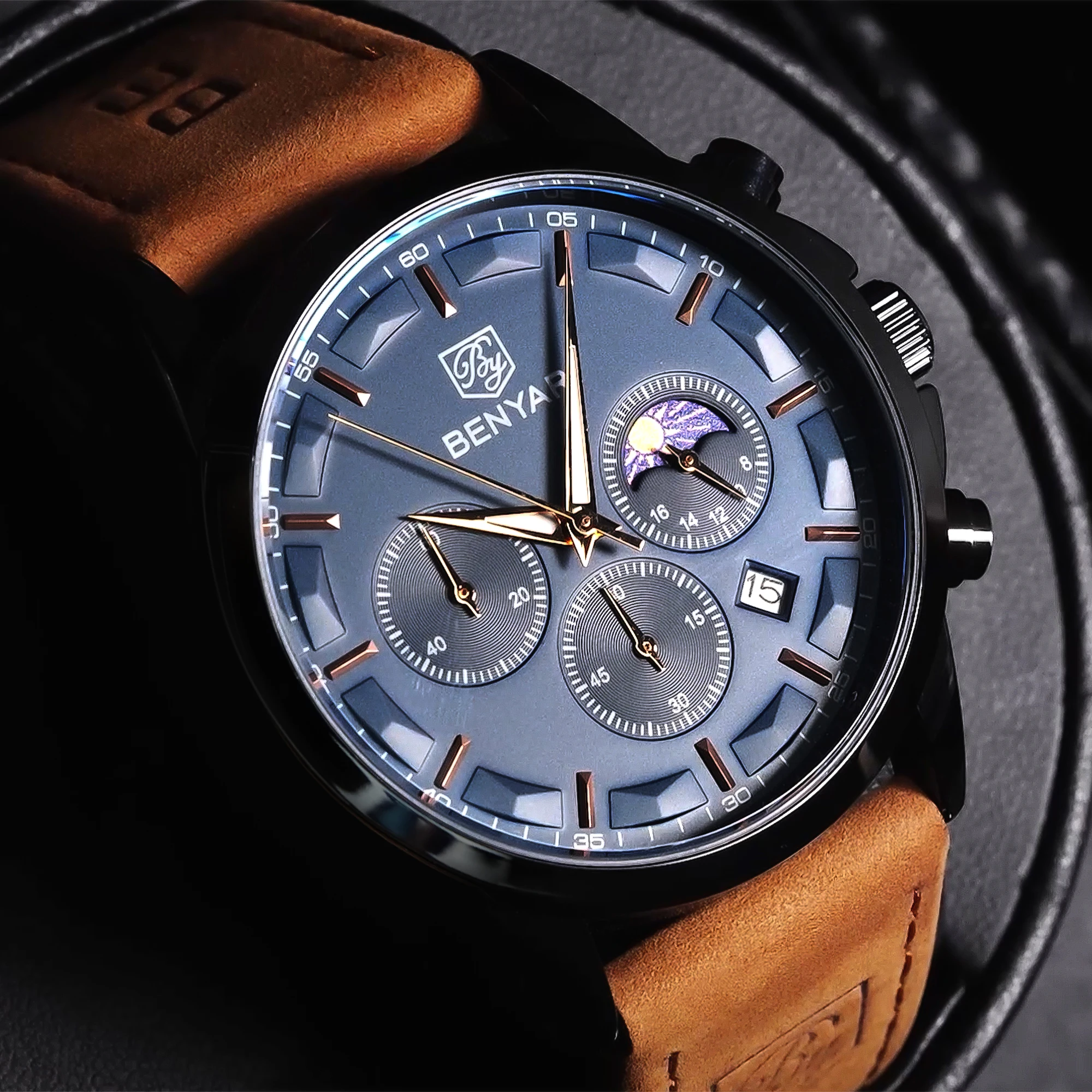 BENYAR Men's Business Watch Gift Fashion Leather Strap Clock Date Waterproof Luminous Function Precision Timepiece