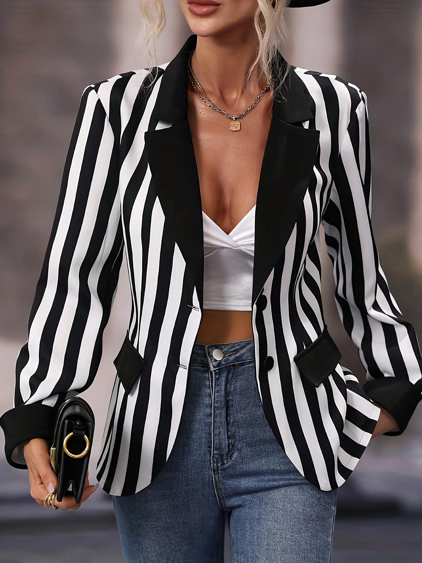 Tonval Black and White Striped Print Vintage Blazers Women Fall Clothes 2025 Coat Notched Collar Single Breasted Outerwears