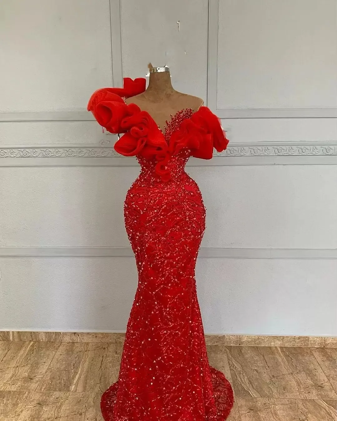 Aso Ebi gaun Prom putri duyung ruffle Off bahu payet berkilau merah gaun malam Formal kontes Afrika pakaian acara khusus