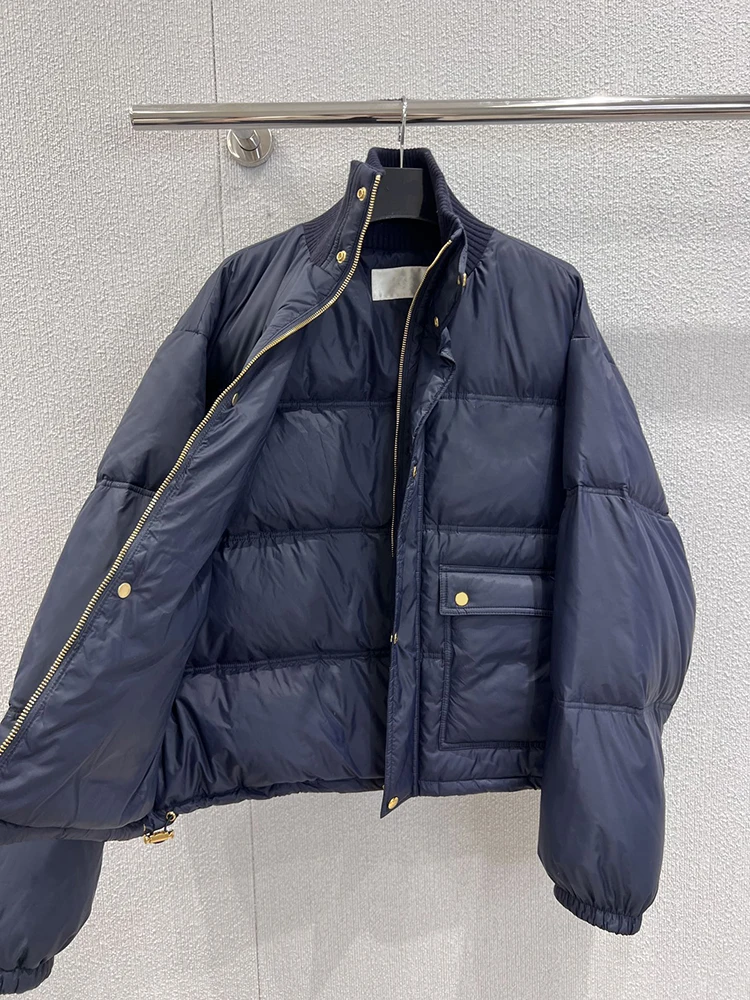 سترة شتوية بيضاء كاجوال يومية للنساء، سترة سفلية برقبة دائرية وسحاب فضفاض وأكمام طويلة