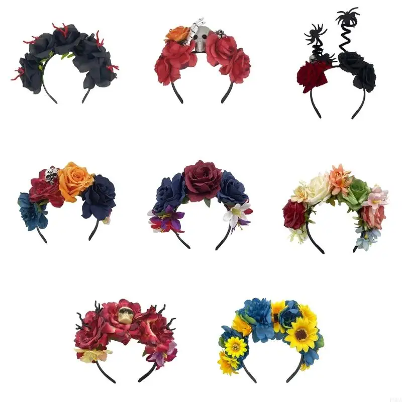 

P88A Colorful Simulated Flower&Skull Hairband Thin Side Halloween Headband for Girl