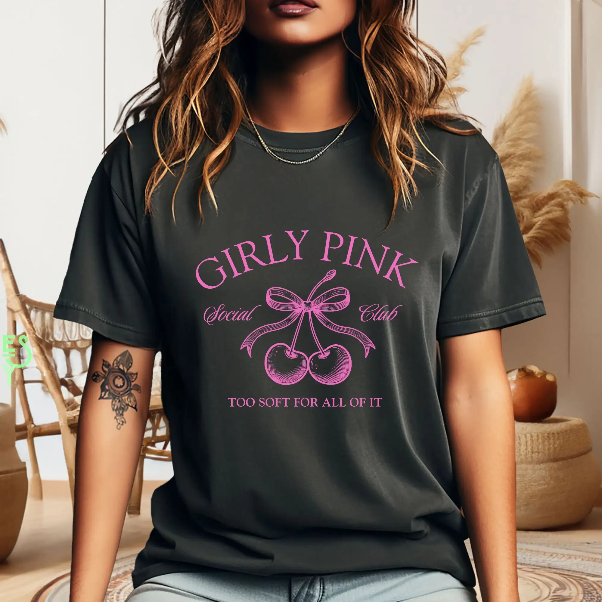 Camiseta suave para chicas del Club Social en mi chica, coqueta de la era, lazo rosa, cerezas también para todos, ropa de moda
