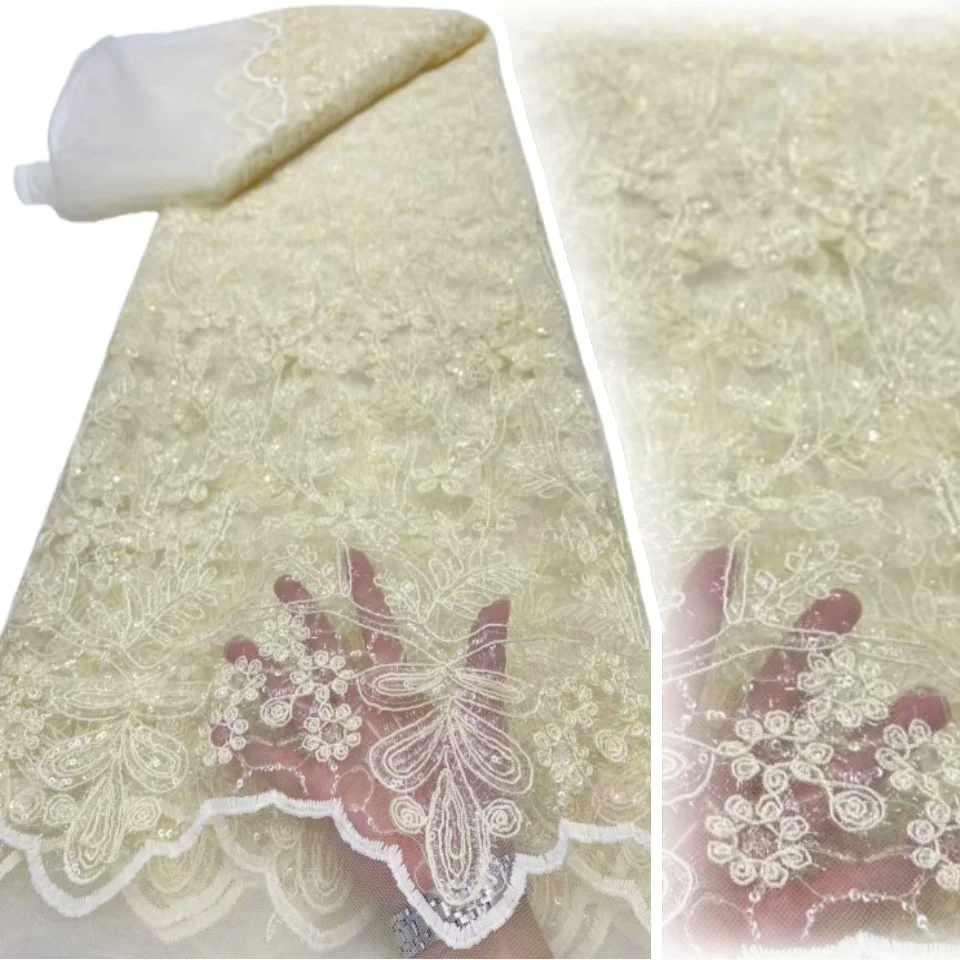 

Высококачественная французская желтая африканская кружевная ткань с бисером, нигерийская кружевная ткань с пайетками для женских свадебных и праздничных платьев, шитье, 2554