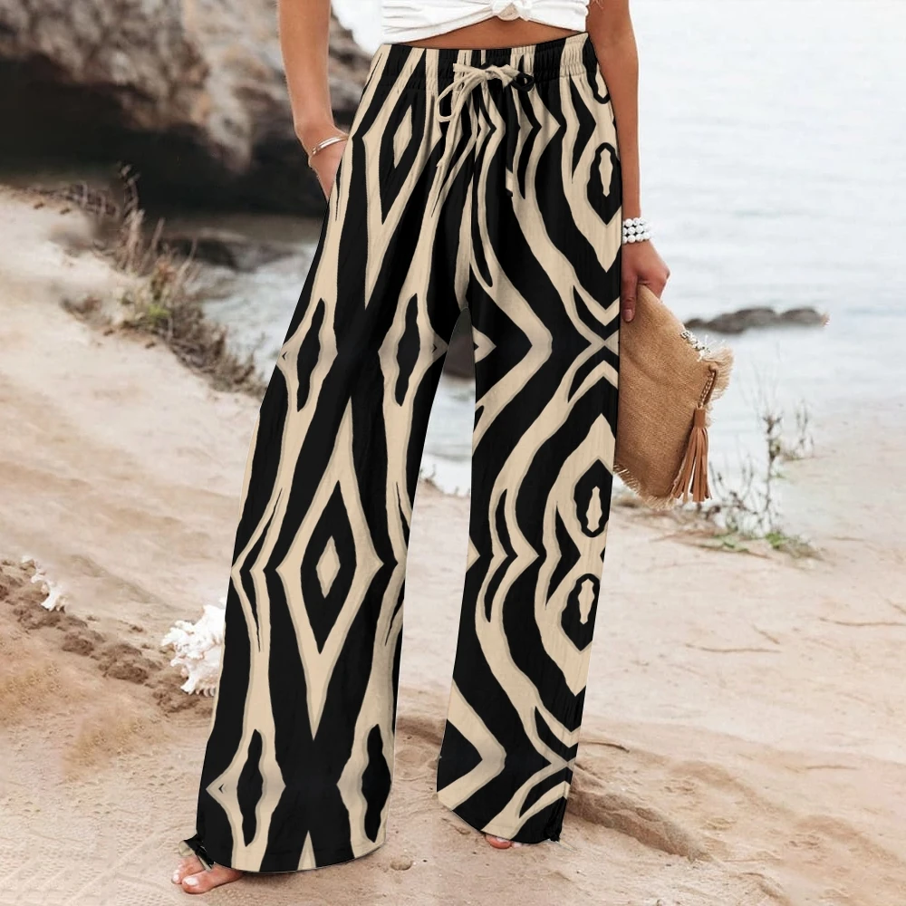 

Women's Vertical Black & Gray Fashion Color Scheme Casual Trousers New Year Style Elastic Waist Wide Leg Pants Summer Vacation