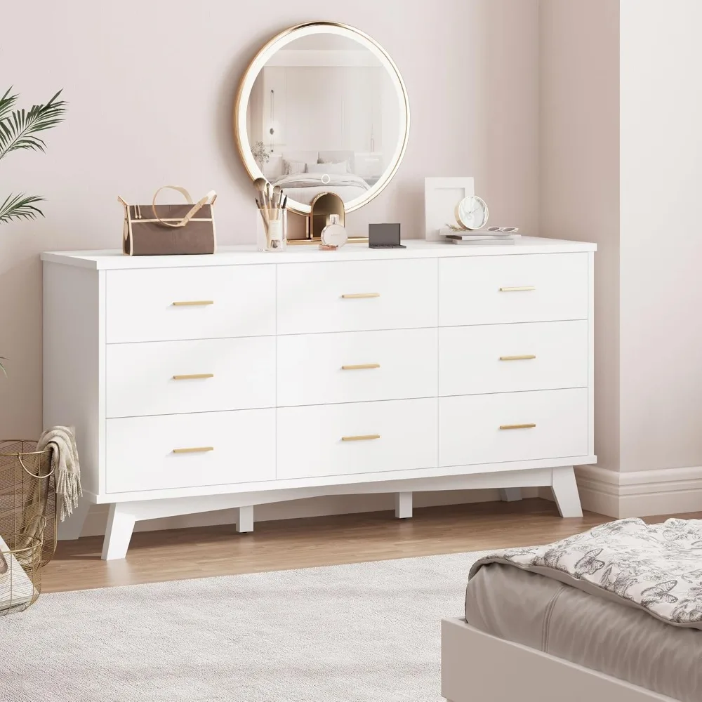 

9 Drawer Wide Modern Chest of Drawers with X-Shaped Sturdy Base, Wood Double Dresser