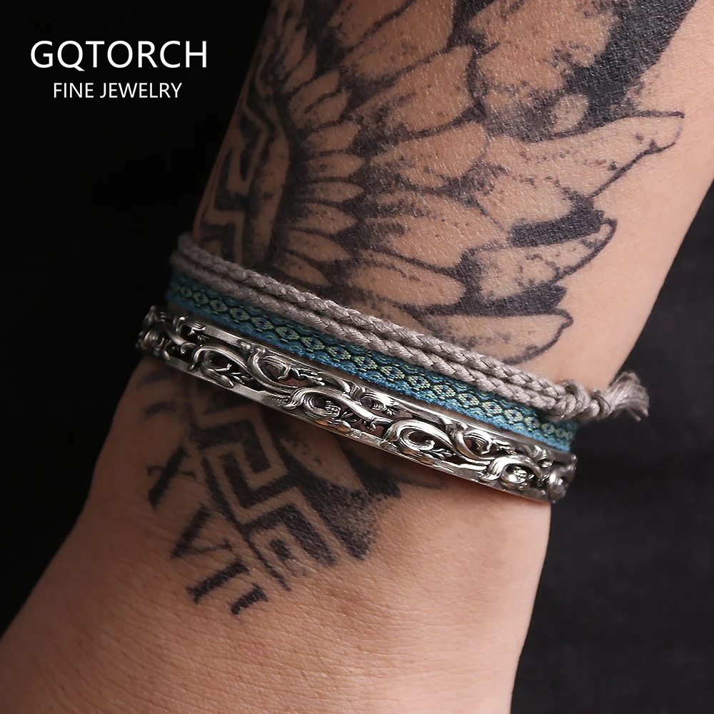 

3 шт./компл. стерлингового серебра 925 пробы в этническом стиле открытый браслет-манжета виноградная лоза с цветочным узором сглаза плетеный веревочный браслет штабелируемые ювелирные изделия