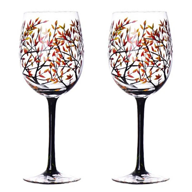 2Pcs Autumn Tree Wine Glass - Fall Colors - Leaves of Red, Yellow, Orange - Hand Painted - Fall Leaf