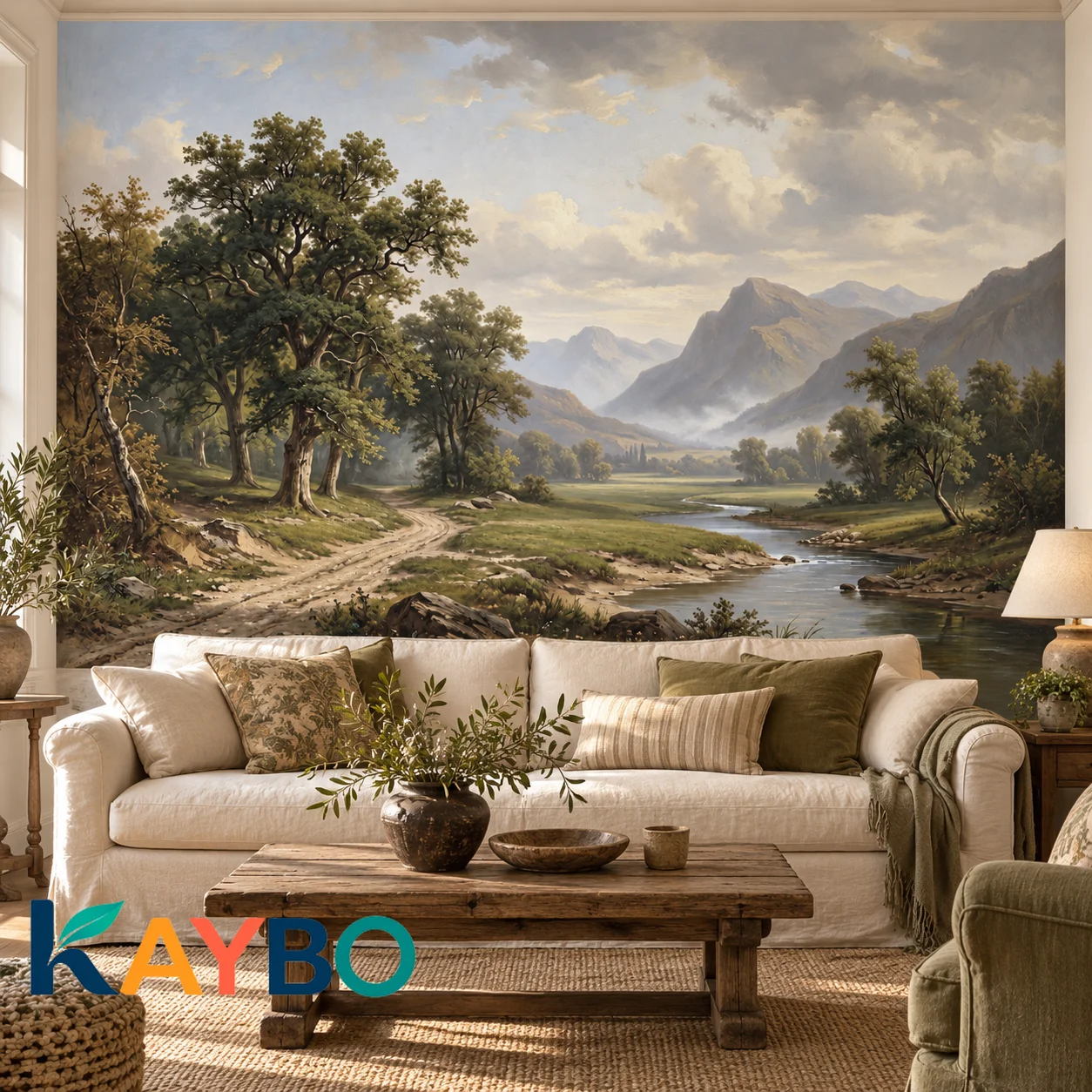 Landscape Wallpaper Mural Classical Mountain Valley Oil Painting Vintage Countryside River Woodland Wall Decor Non Self Adhesive