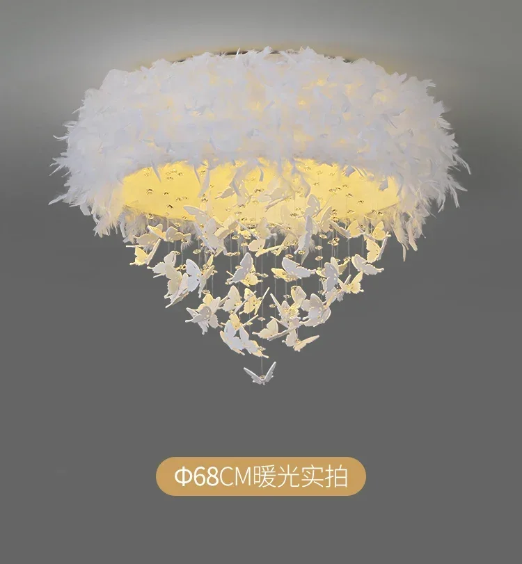 

Simple Modern Nordic Round Feathers Warm Romantic Personality Fashion Girl Bedroom LED Ceiling Lamp