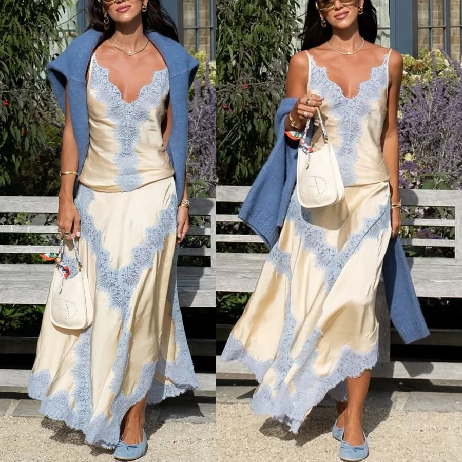 

SKMY Women's 2025 Fall New Arrival Sexy Deep V-Neck Hollow Out MSKMY etal Halter Bodysuits Tops Mini Skirt Set Two Piece Outfits