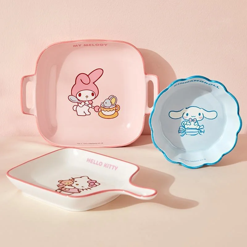 Sanrio Hello Kitty Kawaii Plate My Melody Cinnamoroll Cartoon Cute Large Capacity Ceramic Household Kitchen Thicken Baking Tray