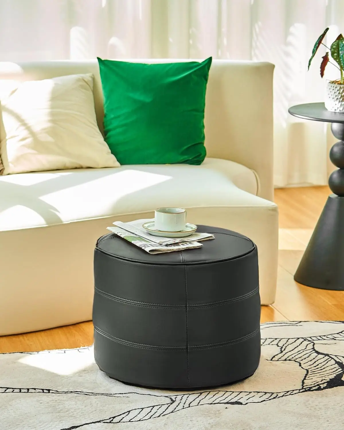 Stuffed Leather Round Pouf, Genuine Leather Pouf Ottoman, Handmade Prefilled Hassock Footstool, Moroccan Style Luxury