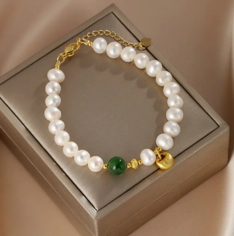 

Minar Wholesale Genuine Freshwater Pearl Green Natural Stone Jade Beads Strand Bracelets for Women 14K Real Gold Plated Copper