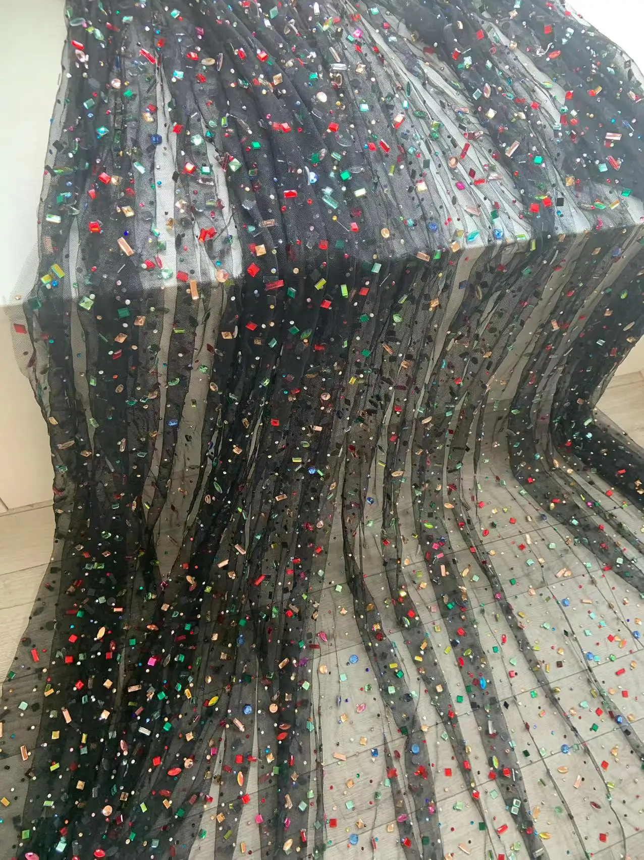 1 Yard Black Tulle Lace Fabric with Heavy Colorful Beads Multicolored Rhinestones for Costume Designer,Ball Gown