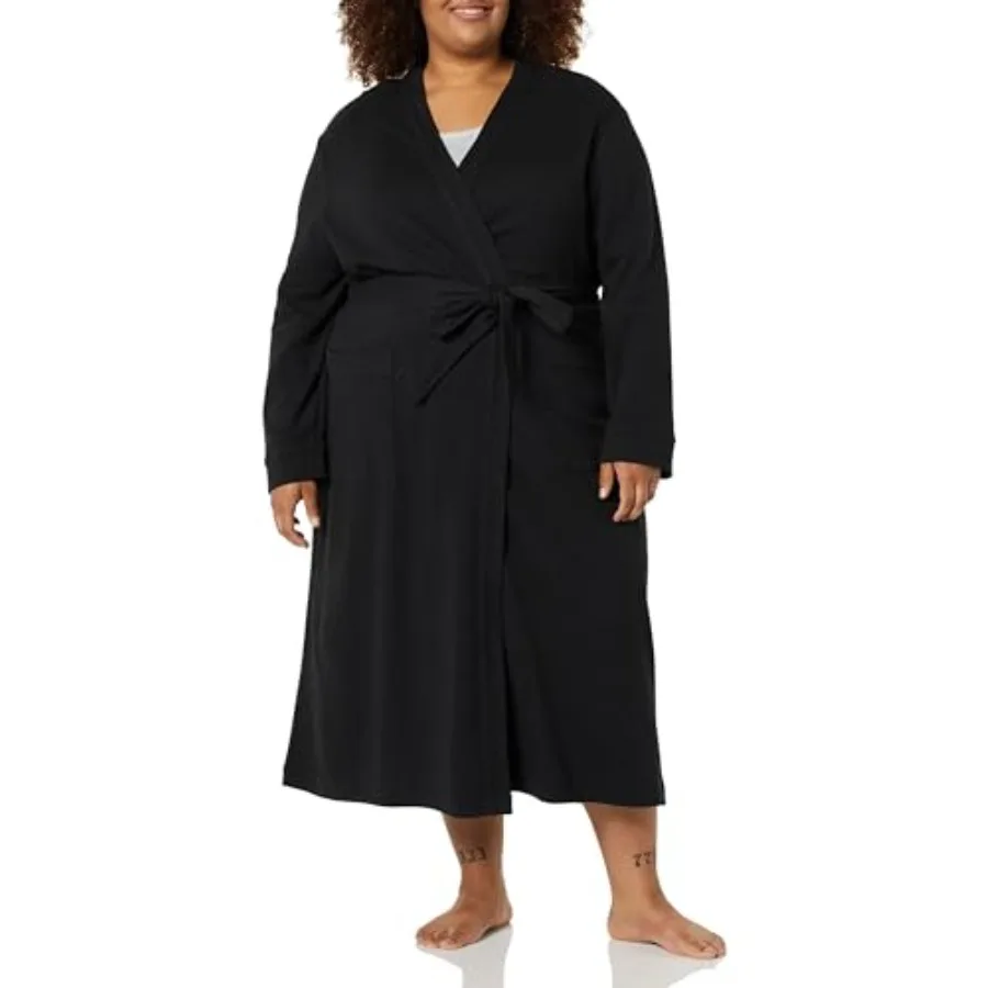 

Women's Lightweight Waffle Full-Length Bath Robe with Pockets Available in Plus Size,Black, Large