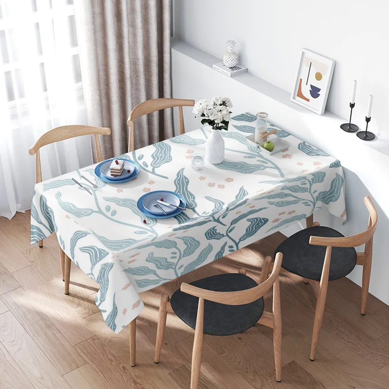 Modern Nordic Tablecloth Blue Waves Design for Dining Room Decoration Home Textiles White Light Blue 160x240cm