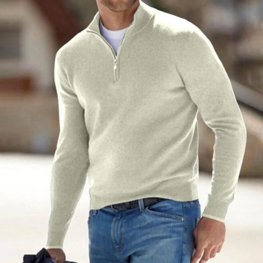 

Men Sweater Men's Zipper Stand Collar Sweater with Neck Protection Long Sleeve Solid Color Casual Top for Fall Winter Soft Warm