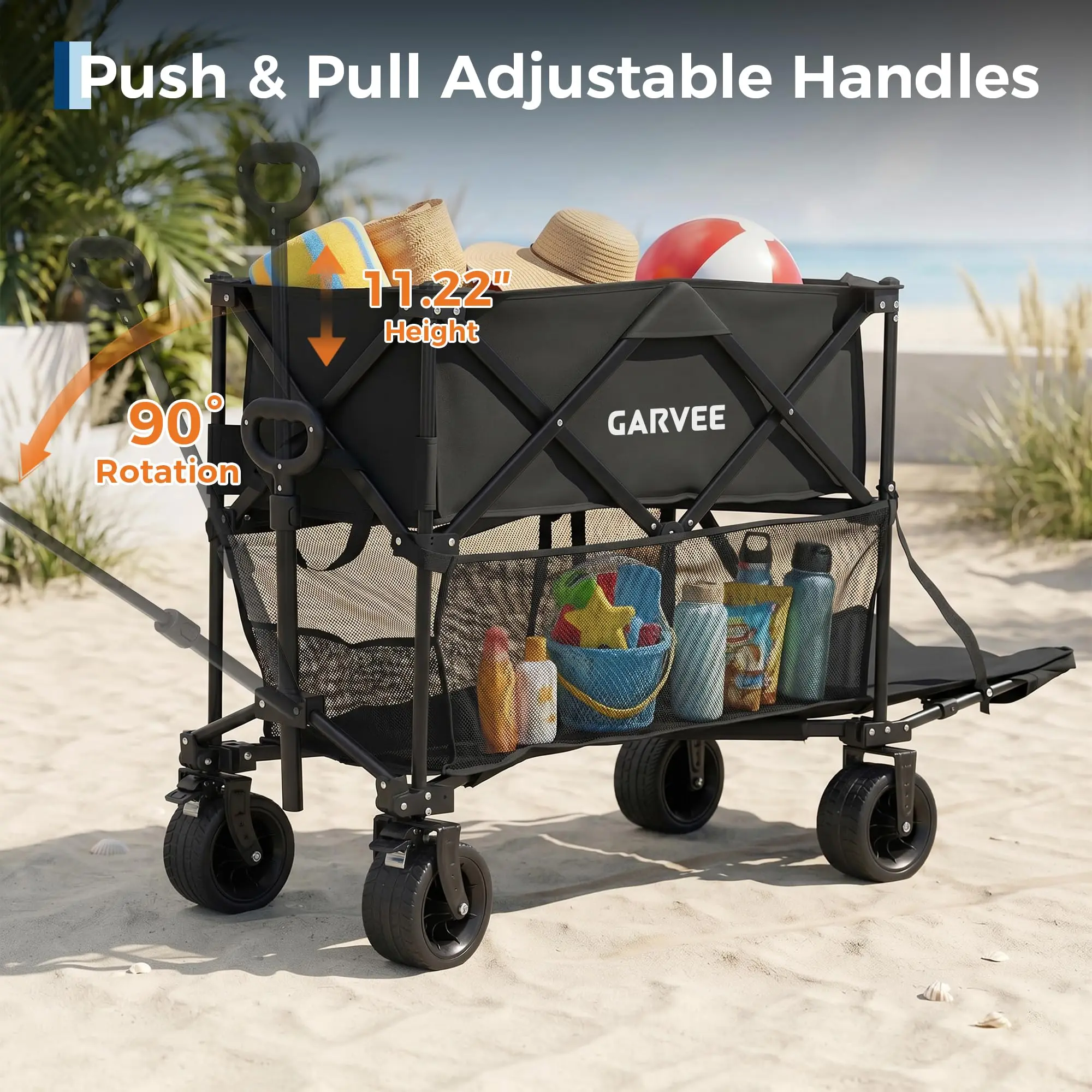 2-Tier Collapsible Garden Wagon Cart 220 lb Heavy-Duty Folding Utility Wagon 120L Expandable Storage All-Terrain Wheels Brakes Cup Holders