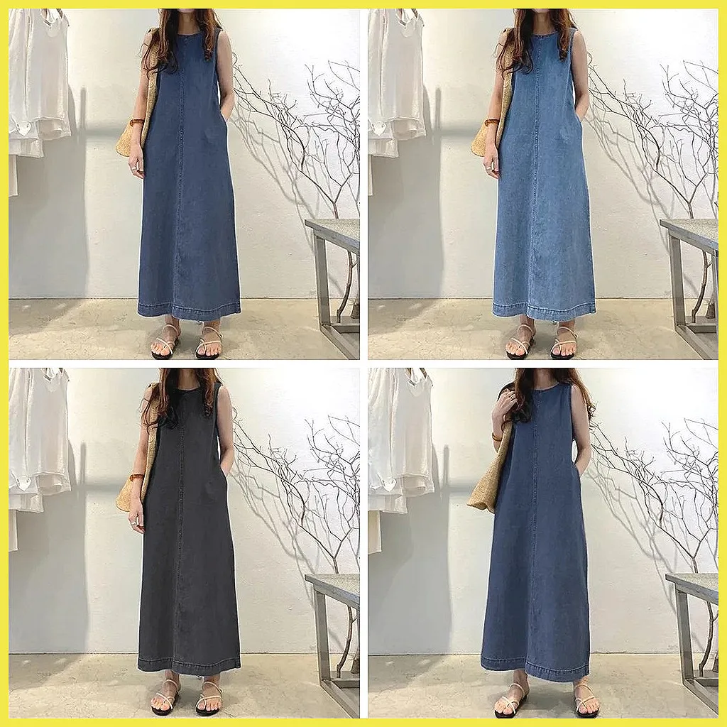 

Women's Sleeveless Denim Maxi Dress with Pockets, Loose Fit Round Neck Vest Style Skirt