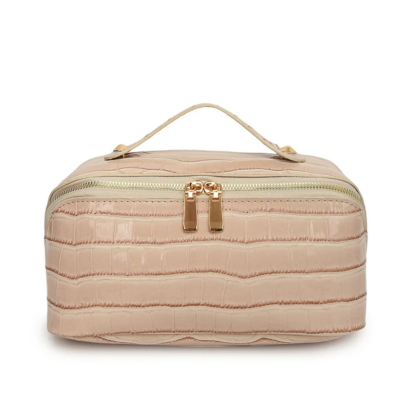 1PCS Light Apricot Square Crossbody Shoulder Bag PU Fabric Shaped Handbag Portable Travel Makeup Organizer For Women Daily Use