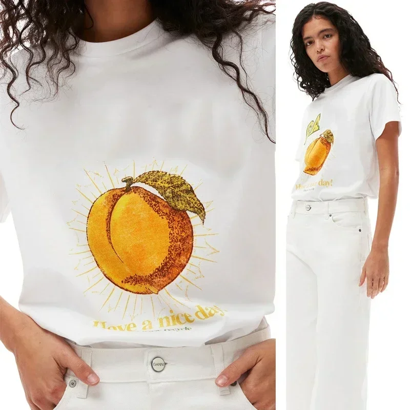 Nordic Style Cotton T-Shirt with Peach Print Logo and Loose Fit, Short Sleeves for Women, 2023 Summer Collection