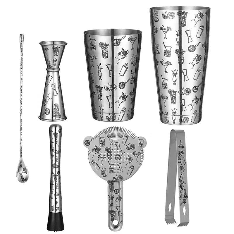 Cocktail/Hawaiian Tattoo Stainless Steel 7 Piece Cocktail Set Tin-on-Tin Shaker, Jigger, Spoon and Strainer image 3