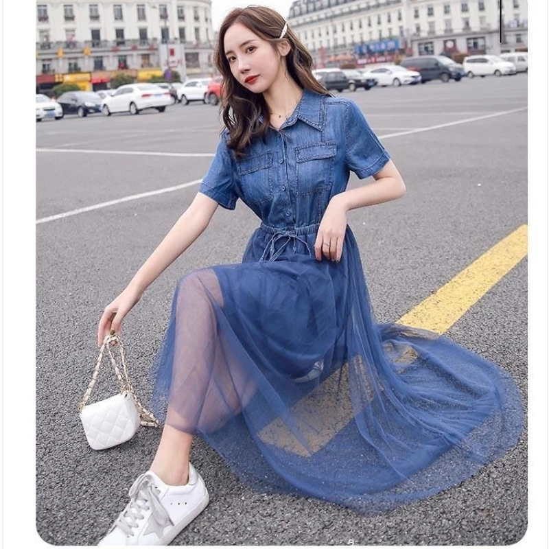 

French Mesh Denim Dress Women's Summer New Waist Swing Skirt Vestidos Para Mujer Elbise Slim Fairy Long Dresses Roupas Feminina