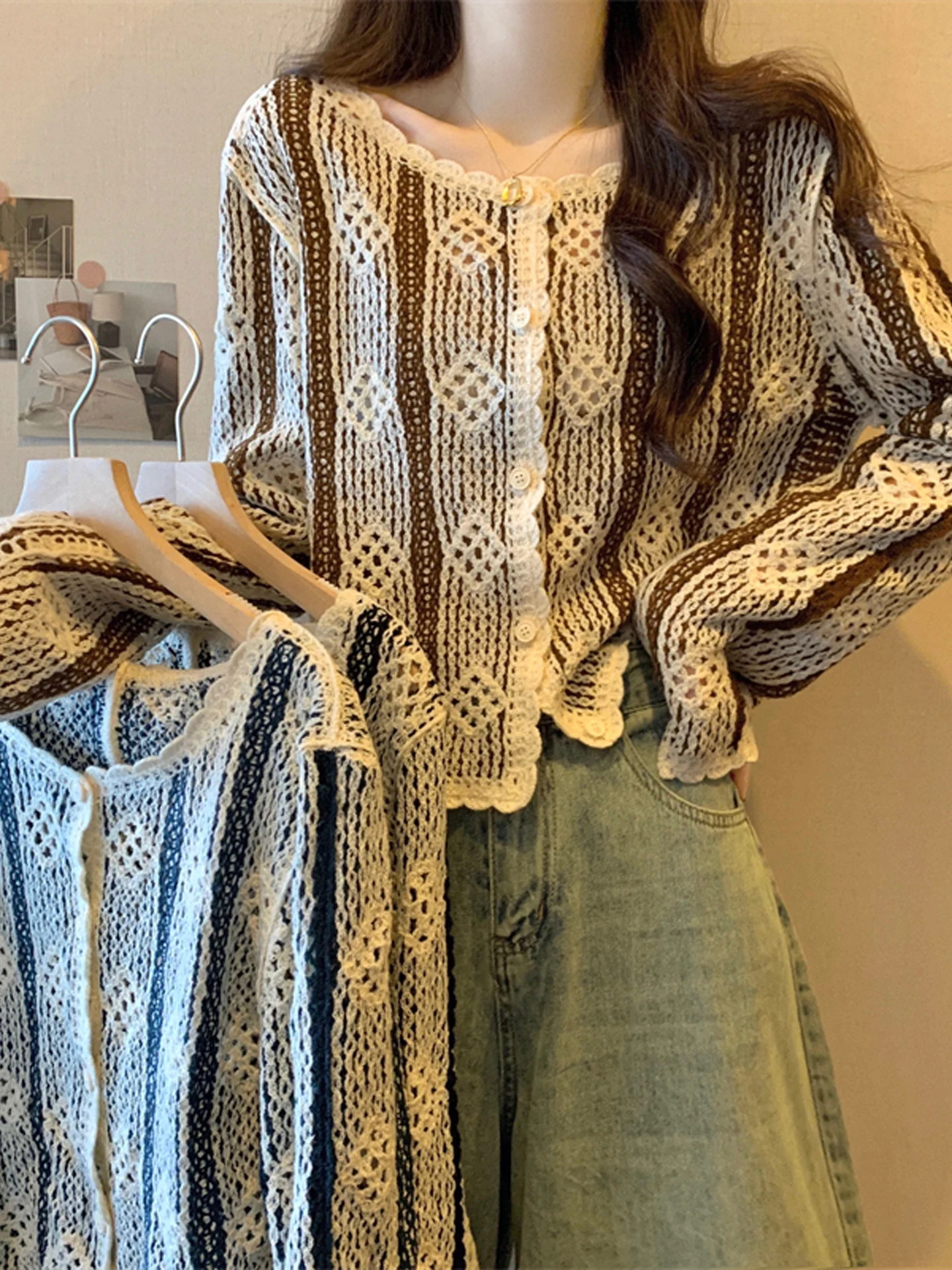 

Женский вязаный топ Yunnan Dali Vaion Sle с защитой от солнца, с ажурным узором и вырезами, летний, с длинными рукавами, милый дизайн