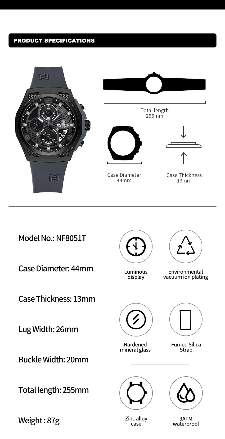 NAVIFORCE NF8051T  Luxury Design Men\'s Watches 30m Waterproof Military Sport with Date Silicone Band Quartz Wristwatch