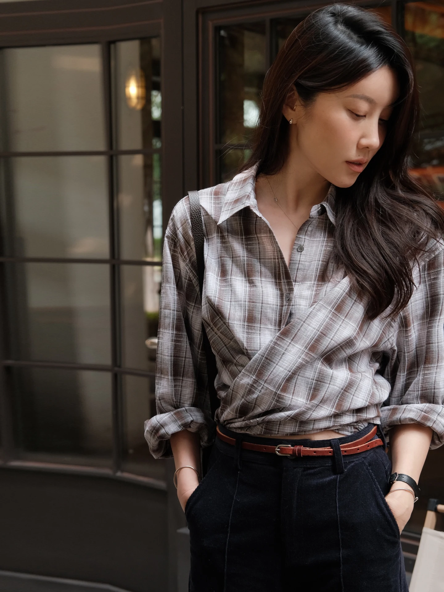 

Женская рубашка Crolly в клетку из хлопка, свободного кроя, с отложным воротником, винтажная, приятная к телу, с длинным рукавом, повседневная