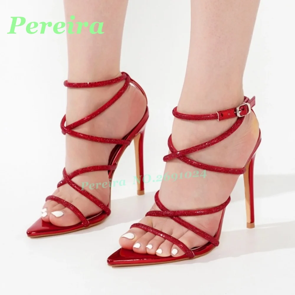 Red Glitter Crisscross Ankle Strap Sandals Pointed Toe Thin Stiletto Sparkly Party High Heels Glossy Elegant Runway Shoes Sexy - view 2