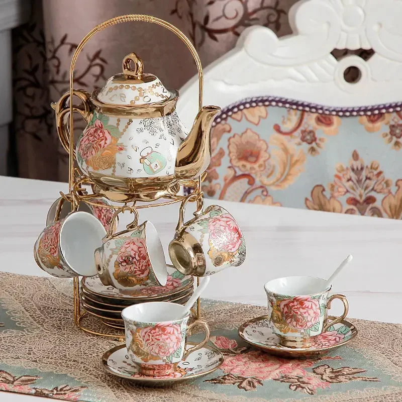 20 Pieces Porcelain Tea Set with Metal Holder European Ceramic Tea Set for Adults Flower Tea Set for Women with Floral