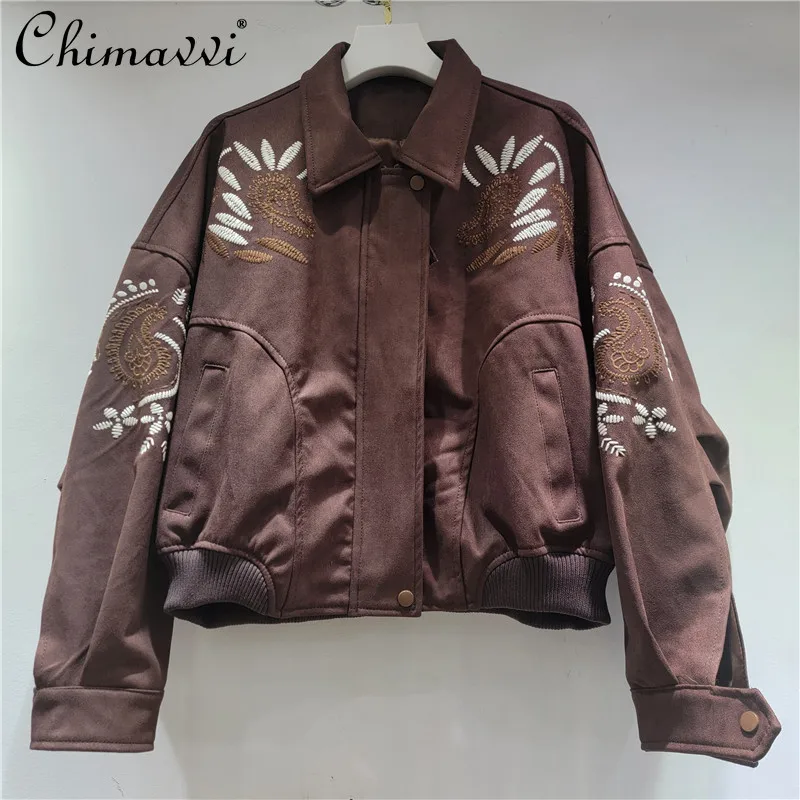 

Осень 2024, женская модная повседневная куртка в стиле ретро, универсальное пальто с отложным воротником и длинными рукавами, вышитое цветком на молнии, женское пальто, топ