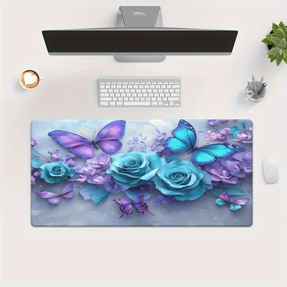 

Коврик для мыши XXL с изображением бабочки и синей розы, прочный, нескользящий, с резиновой основой, для игр и офиса