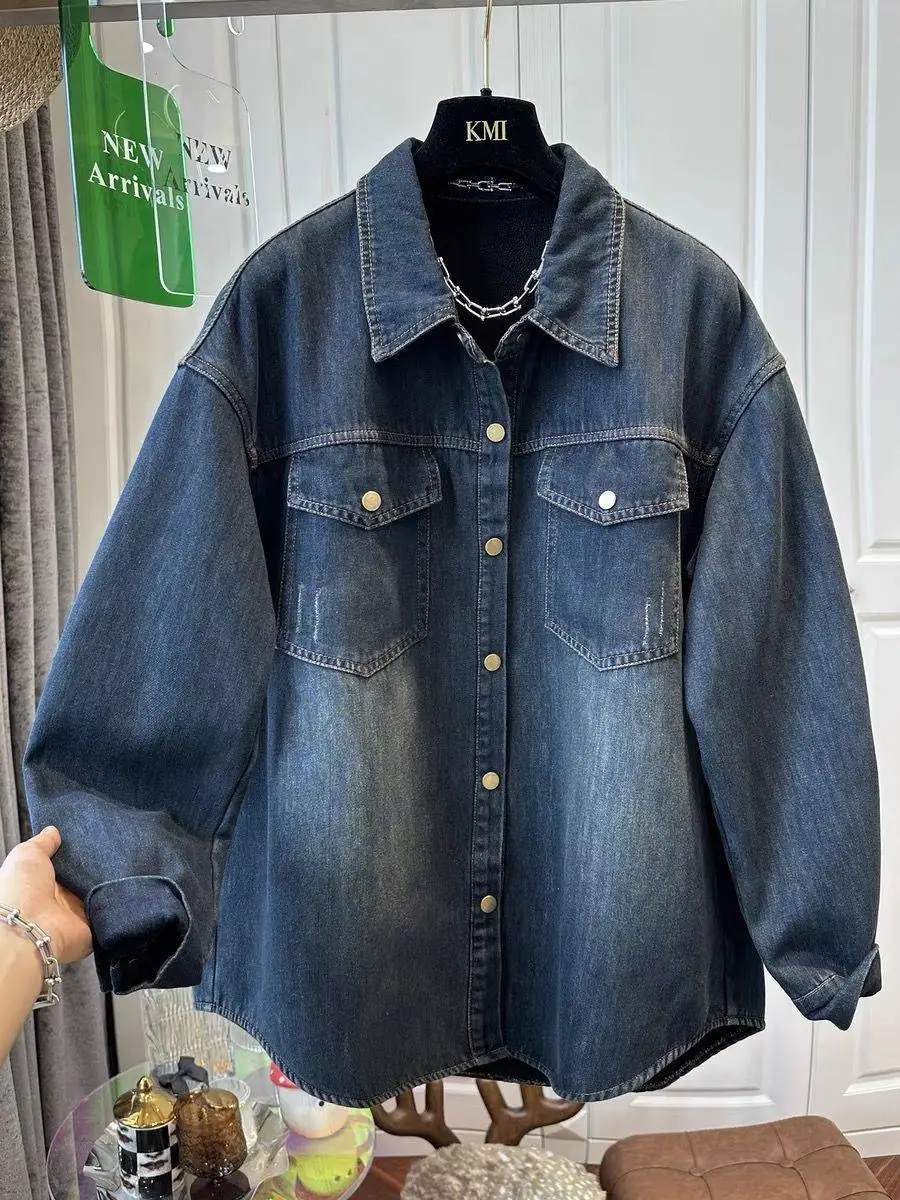 

Loose Retro Fleece Denim Shirt Women's Versatile Fashion Lapel Collar Long Sleeve Jacket Autumn Winter New Casual Thicken Blouse