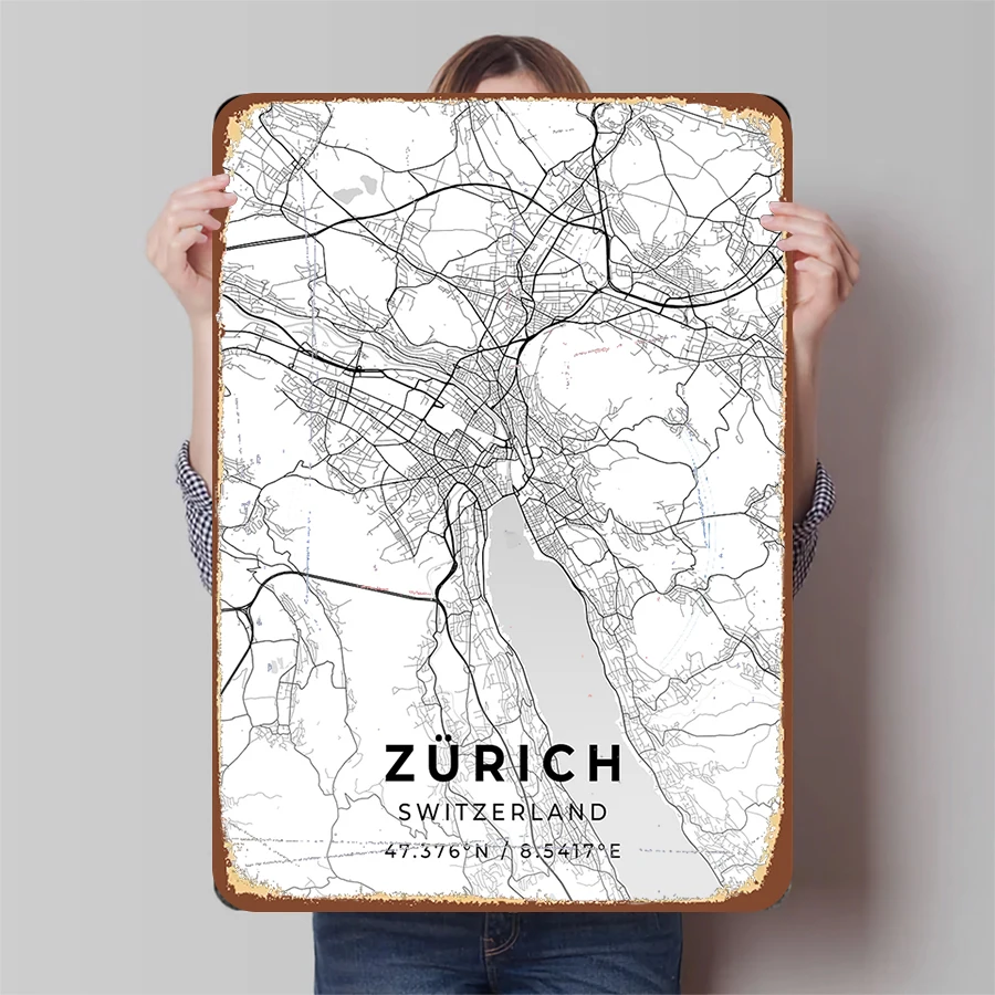 Карта города Цюрих, металлический настенный художественный современный минималистичный домашний декор, железный постер для гостиной, офиса