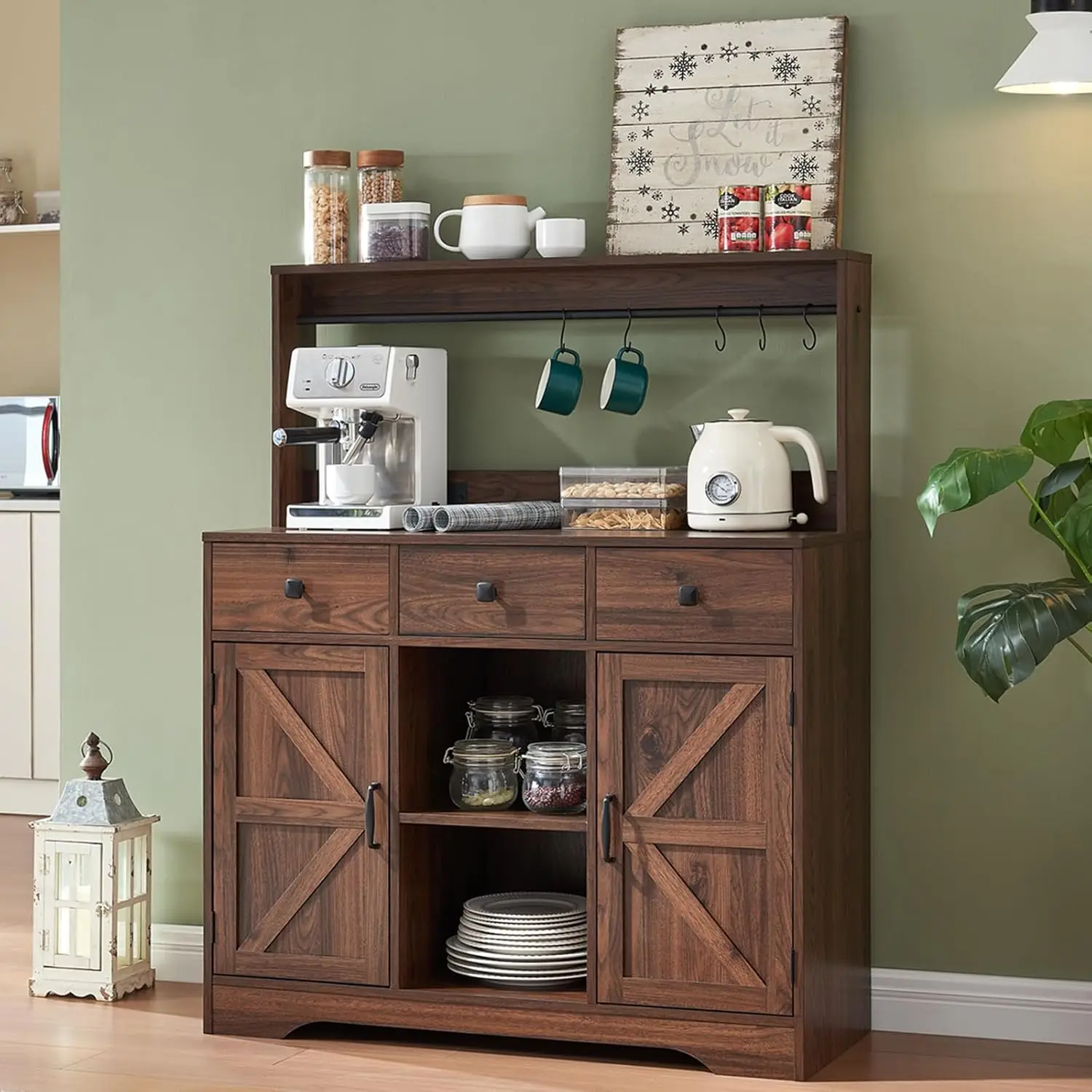 

Farmhouse Coffee Bar Cabinet with 3 Drawers and Charging Station,Wood Barn Doors Kitchen Hutch Sideboard Buffet and Open Shelves