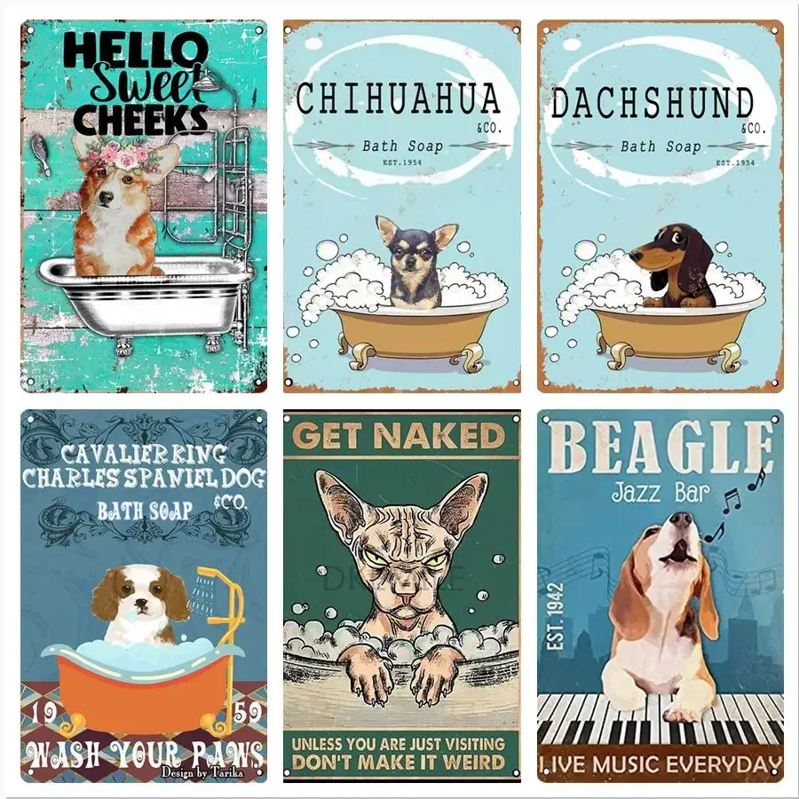 Dachshund Metal Tin Sign Bathtub Dog Chihuahua Poster Retriever Retro Plaque Art Bath Singing Beagle Toilet Bar tin sign