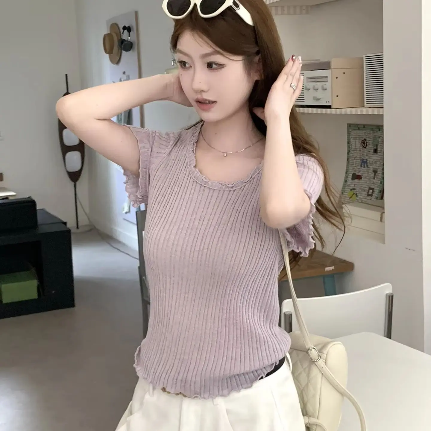 

2026 Spring/Summer New Top Korean Lace Collar Elastic Knitted Short Sleeve T-shirt for Women