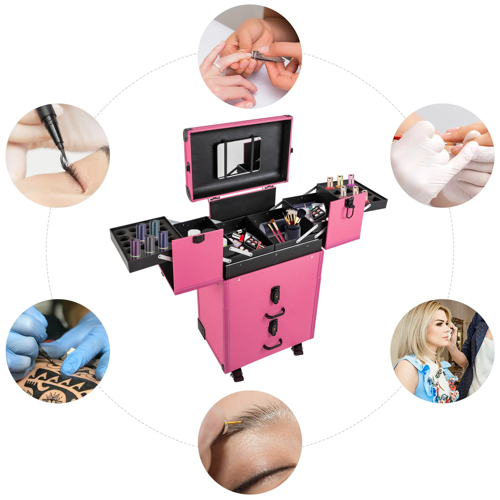 

Косметический чемодан-органайзер 4-в-1 на колесиках из цинкового сплава для салонов красоты