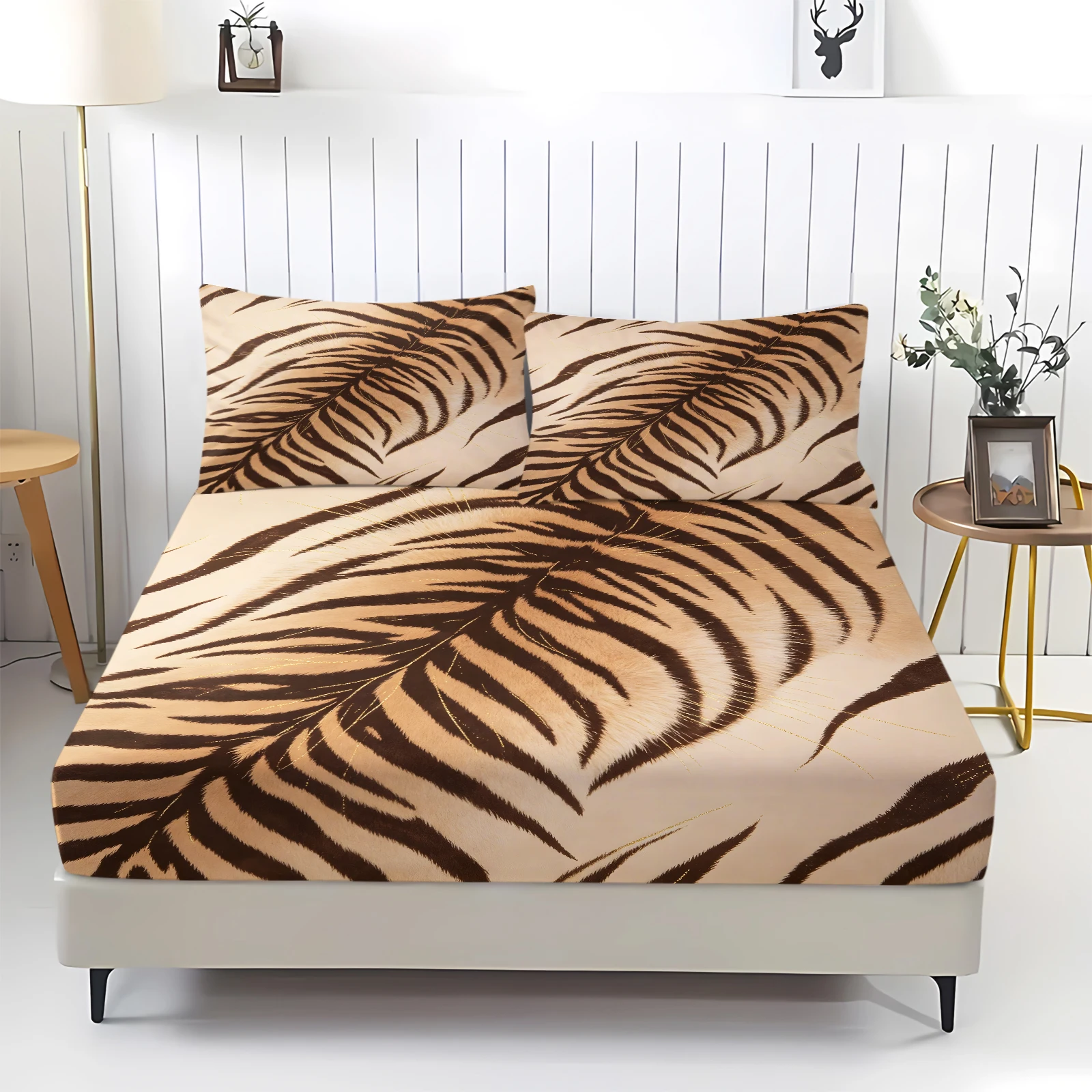 Realistic Tiger Skin Texture Fitted Bed Sheet Set Beige Brown Stripes Deep Pocket Elastic Mattress Protector Cover Bedding Set