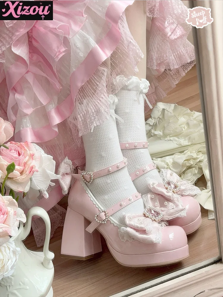 

Kawaii Japanese Original Mining Tie Bow Rhinestone High Heels Soft Girl Sweet Lolita Versatile Lace Pearl High Heels Pumps Women
